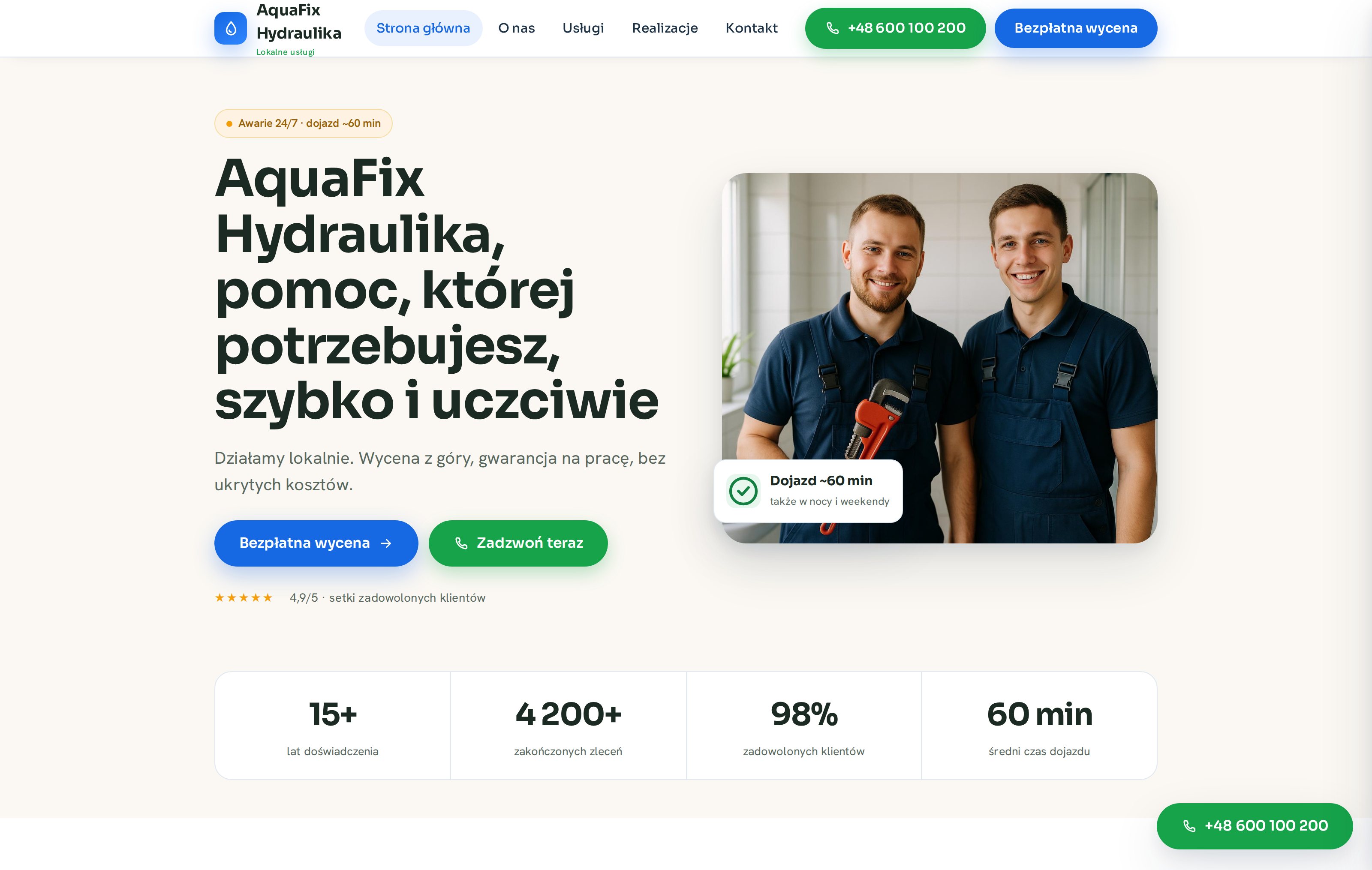 Darmowa strona firmowa hydraulika, sekcja główna ze zdjęciem zespołu